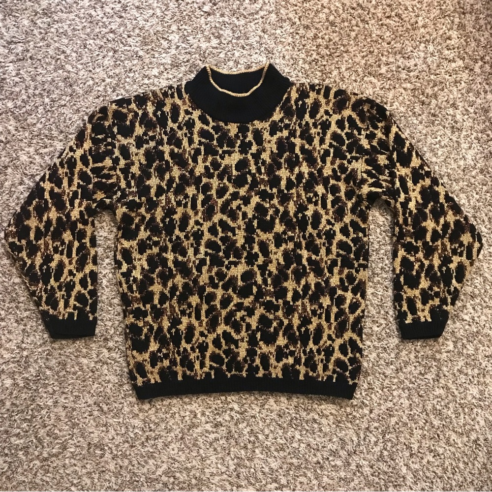 Vintage 80s Leopard Print Sweater Gold Metallic